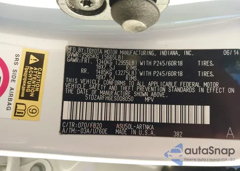 2014 Toyota Highlander Le из США, поврежденный, VIN 5TDZARFH6ES008050